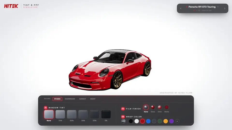 HITEK tint simulator showing a red Porsche 911 with window tint shade options